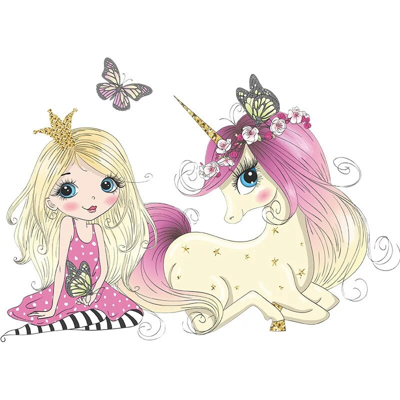 Gyerek rajzfilm lány nyomtatott falmatrica hercegnő és egyszarvú mintás háttér fali dekoráció és szépítés