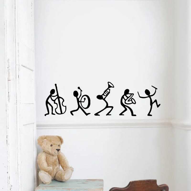 Rajzfilm Vicces Kis Férfi Zenekar Gitár Fali matricák Vinil lakberendezési gyerekeknek Játszószoba dekoráció Öntapadó falfestmény 4069