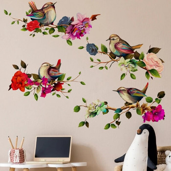 1бр Стикери за стена с птици и цветя Птици, стоящи на клони Цветя Декоративни стикери за стена