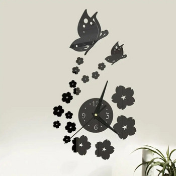 1 комплект стенен часовник Самозалепващ се дълъг показалец, работещ с батерии, 4 цифри Безшумен 3D огледален часовник Butterfly Plum Blossom Art Clock