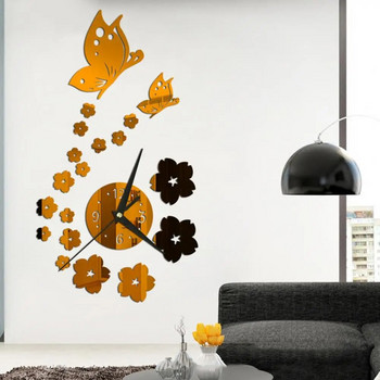 1 Σετ ρολόι τοίχου Αυτοκόλλητο με μπαταρία με μακρύ δείκτη 4 αριθμών Αθόρυβο 3D Mirror Butterfly Plum Blossom Art Clock