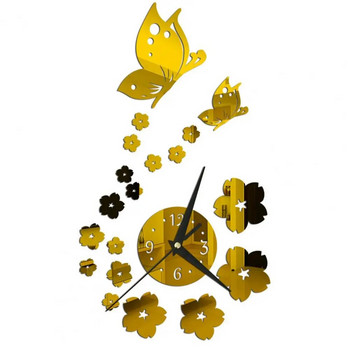 1 комплект стенен часовник Самозалепващ се дълъг показалец, работещ с батерии, 4 цифри Безшумен 3D огледален часовник Butterfly Plum Blossom Art Clock
