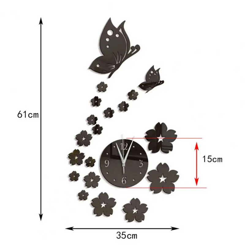 1 szett falióra, öntapadó elemmel működő hosszú mutató 4 számjegyű csendes 3D tükör pillangós szilvavirágos műóra