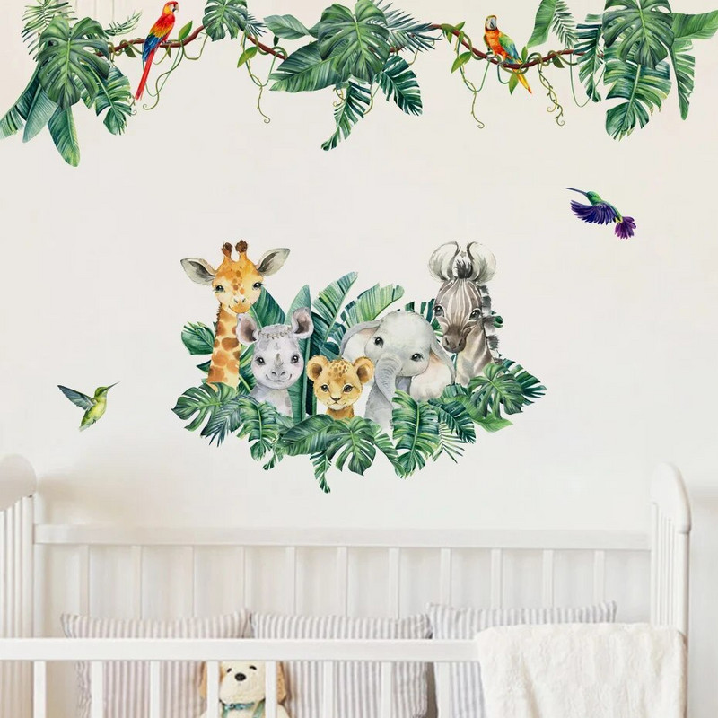 Rajzfilm aranyos afrikai állatok elefánt oroszlán levelek fali matricák gyerekszobához babaszoba dekoráció lakberendezés falmatricák falfestmények