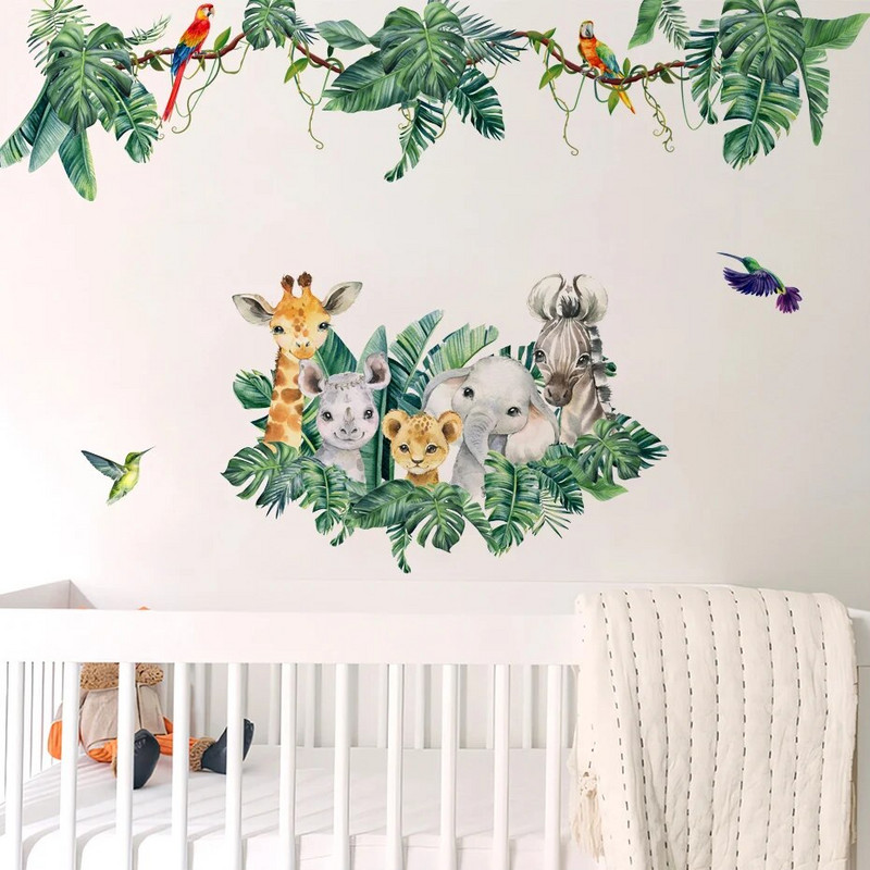 Rajzfilm aranyos afrikai állatok elefánt oroszlán levelek fali matricák gyerekszobához babaszoba dekoráció lakberendezés falmatricák falfestmények