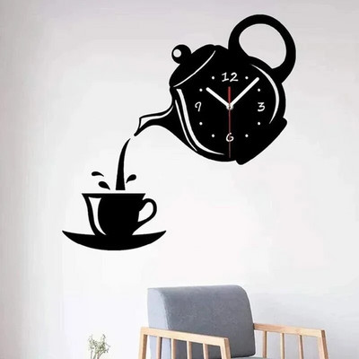 Creative Coffee Cup Teapot Ρολόι τοίχου Τρισδιάστατο ακρυλικό βραστήρα Ρολόγια τοίχου σε σχήμα για γραφείο Σπίτι Διακόσμηση τραπεζαρίας σαλονιού κουζίνας