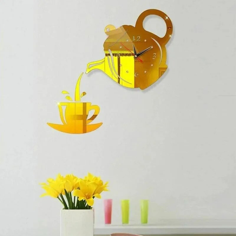 Creative Coffee Cup Teapot Ρολόι τοίχου Τρισδιάστατο ακρυλικό βραστήρα Ρολόγια τοίχου σε σχήμα για γραφείο Σπίτι Διακόσμηση τραπεζαρίας σαλονιού κουζίνας