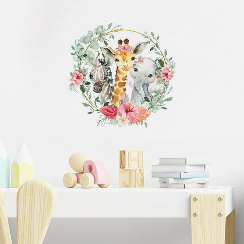 Akvarell Afrika Állatok Elefánt Zsiráf Trópusi Levelek Falimatricák Óvodai falmatricák Gyerekszobák Hálószoba Otthoni dekoráció