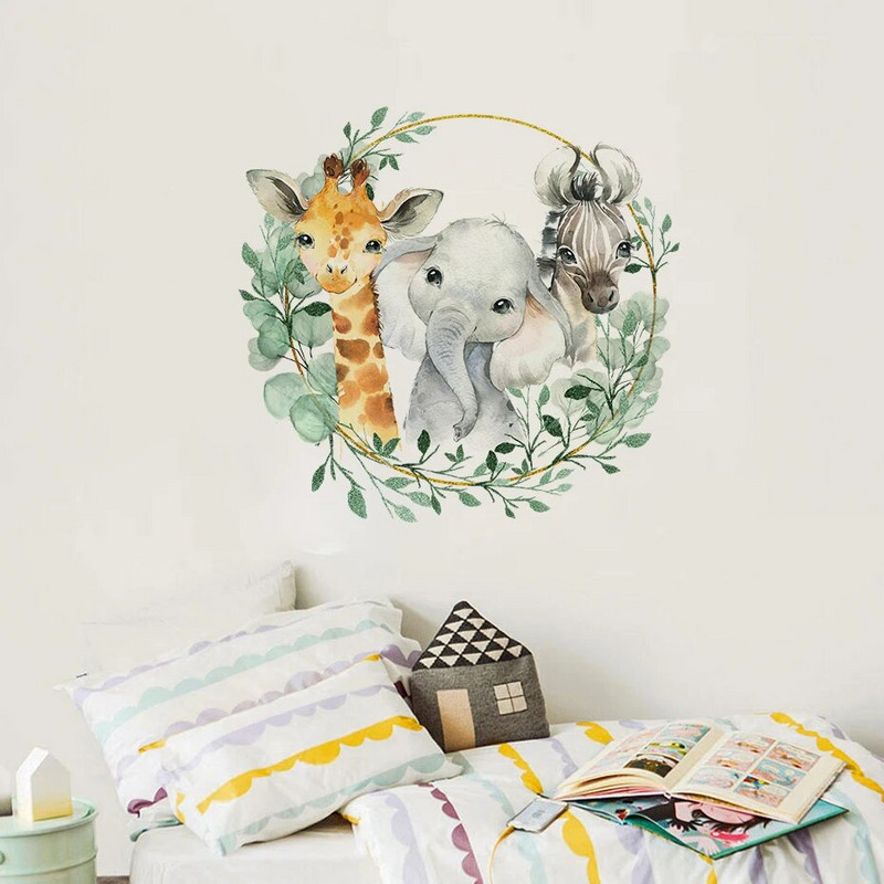 Akvarell Afrika Állatok Elefánt Zsiráf Trópusi Levelek Falimatricák Óvodai falmatricák Gyerekszobák Hálószoba Otthoni dekoráció