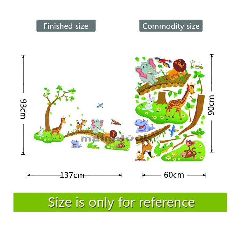 3D rajzfilm dzsungel vadon élő állat fa híd oroszlán zsiráf elefánt madarak virágok falmatricák gyerekszoba nappali lakberendezés