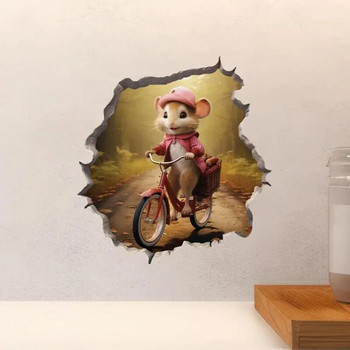 M457 Bike Ride in the Park Boy Girl Mouse in Mouse Hole Decal - Mouse Hole 3D стикер за стена