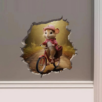 M457 Bike Ride in the Park Boy Girl Mouse in Mouse Hole Decal - Mouse Hole τρισδιάστατο αυτοκόλλητο τοίχου