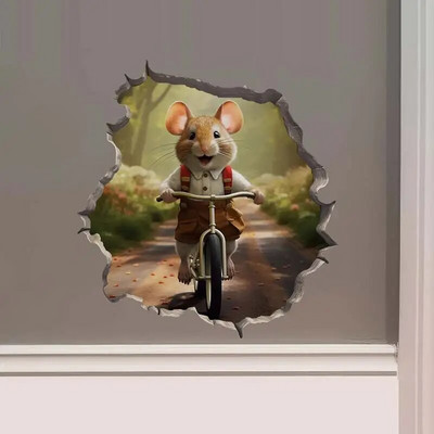 M457 Bike Ride in the Park Boy Girl Mouse in Mouse Hole Decal - Mouse Hole τρισδιάστατο αυτοκόλλητο τοίχου