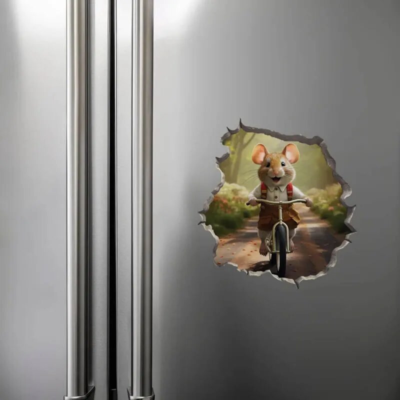 M457 Biciklizés a parkban Fiú lány Egér egérlyukban matrica – Egérlyuk 3D falmatrica