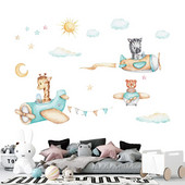Αυτοκόλλητο τοίχου Cartoon Animals Pilot Aircraft για παιδικό δωμάτιο Νηπιαγωγείο Αγόρια Διακόσμηση τοίχου κρεβατοκάμαρας Βινύλιο Χαριτωμένα αυτοκόλλητα τοίχου Τοιχογραφίες τέχνης