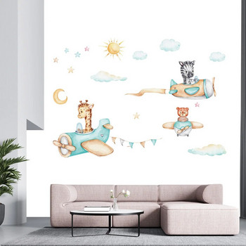 Αυτοκόλλητο τοίχου Cartoon Animals Pilot Aircraft για παιδικό δωμάτιο Νηπιαγωγείο Αγόρια Διακόσμηση τοίχου κρεβατοκάμαρας Βινύλιο Χαριτωμένα αυτοκόλλητα τοίχου Τοιχογραφίες τέχνης