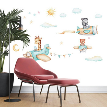 Αυτοκόλλητο τοίχου Cartoon Animals Pilot Aircraft για παιδικό δωμάτιο Νηπιαγωγείο Αγόρια Διακόσμηση τοίχου κρεβατοκάμαρας Βινύλιο Χαριτωμένα αυτοκόλλητα τοίχου Τοιχογραφίες τέχνης