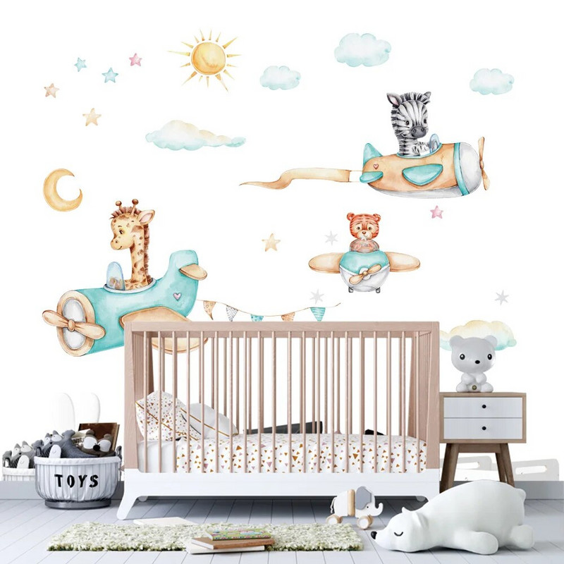 Rajzfilm Animals Pilot Repülőgép falmatrica gyerekszobához Óvoda fiúk hálószoba fali dekoráció Vinyl Aranyos falmatricák Művészi falfestmények