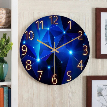 1 бр. 12-инчов стенен часовник с геометрични елементи, тъмно синьо, удебелено закалено стъкло, безшумен механизъм, кварцов декор за всекидневна, подарък
