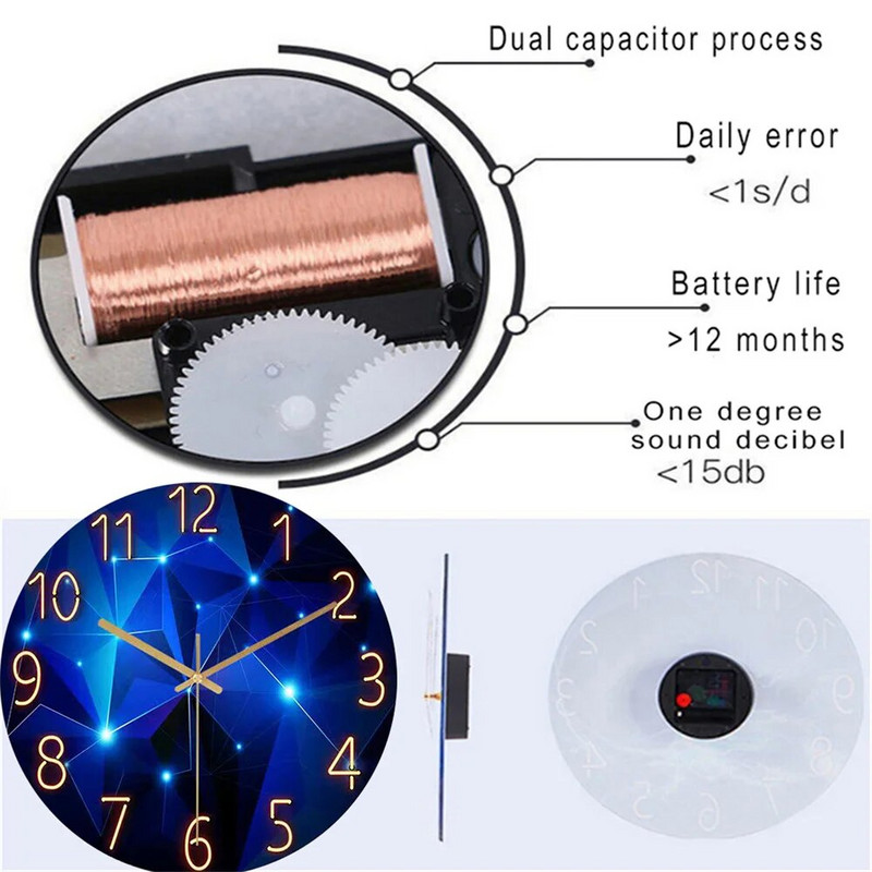 1 db 12 hüvelykes falióra geometriai elemek sötétkék vastagított edzett üveg csendes mozgású kvarc nappali lakberendezési ajándék