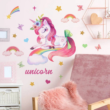 Bohemian Style Rainbow Unicorn Αυτοκόλλητα τοίχου για μωρά κορίτσια Αυτοκόλλητα τοίχου με γελοιογραφία Pony για νηπιαγωγείο Παιδικό δωμάτιο Νηπιαγωγείο