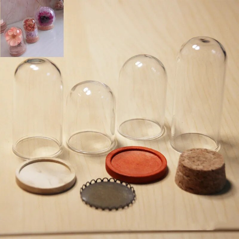1X vegyes méretű átlátszó üvegkupola fedél Cloche Bell tégelyes terráriumok fa/parafa/fém talpú baba otthoni játékokkal dolgozószoba dekorációval