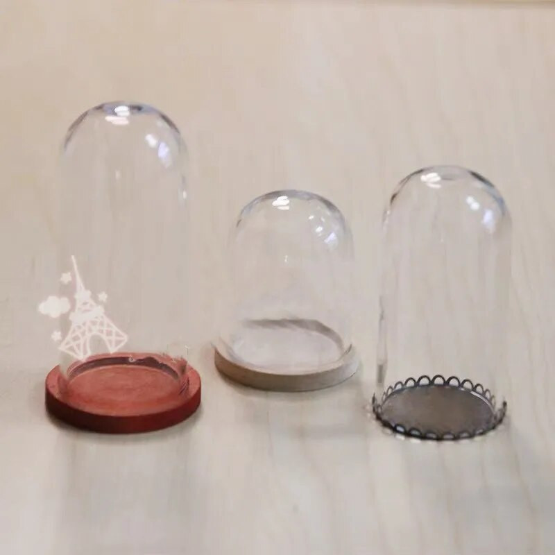 1X vegyes méretű átlátszó üvegkupola fedél Cloche Bell tégelyes terráriumok fa/parafa/fém talpú baba otthoni játékokkal dolgozószoba dekorációval