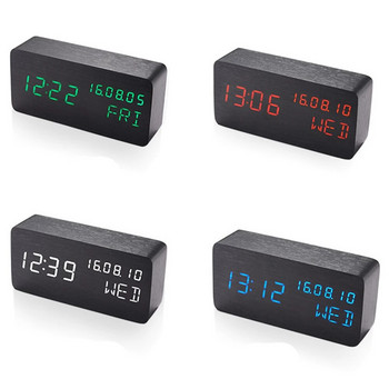 Креативен дървен будилник Настолен електронен часовник с дата Температура USB Plug-in Тишина Многофункционален цифров настолен часовник