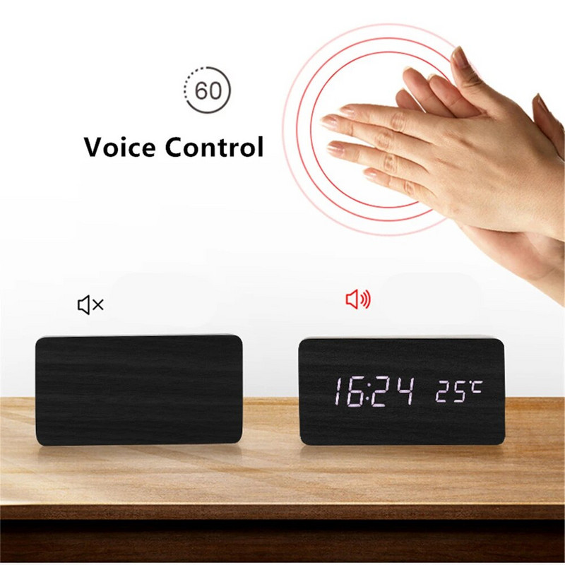 Kreatív fa ébresztőóra asztali elektronikus óra dátum hőmérséklettel, USB-csatlakozós csönddel, többfunkciós digitális asztali óra