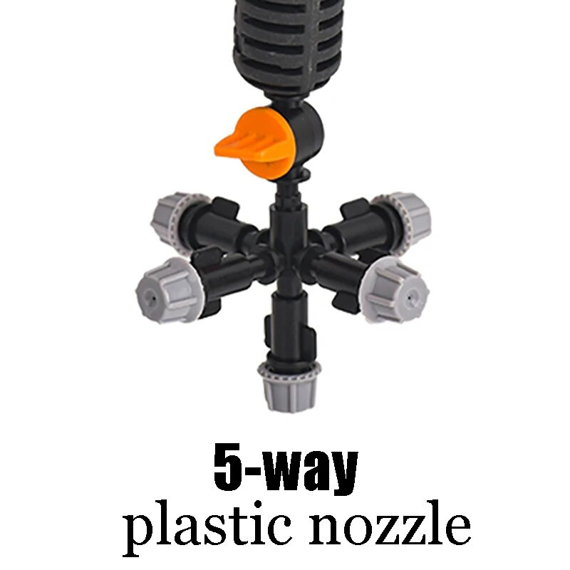 Függő, 5/7 irányban állítható sárgaréz műanyag permetezőkészlet, forgó szórófejes fúvóka csepegtető öntözéshez zöld házban, párásító