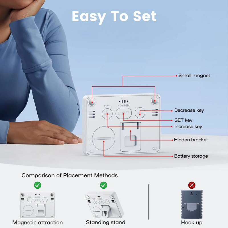 Deeyaple hőmérséklet páratartalom érzékelő mini asztali óra dátum nagy kijelzős beltéri kültéri hordozható mágneses utazó órával
