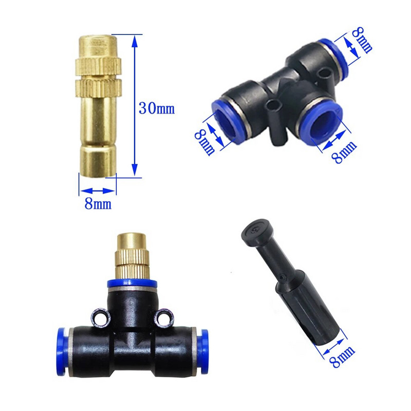 6/10/20 készletek állítható réz permetező fúvókával univerzális permetező 8 mm-es T-csatlakozóval öntözéshez, öntözés hűtéséhez