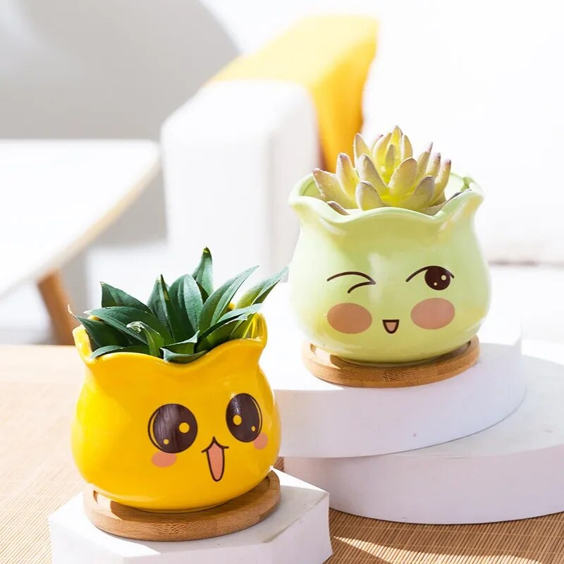 1db mini gyerekszoba dekorációs váza rajzfilm virágcserép Aranyos kifejezés virágtartók Színes kerámiák Kerti dekoráció Bonsai cserepek