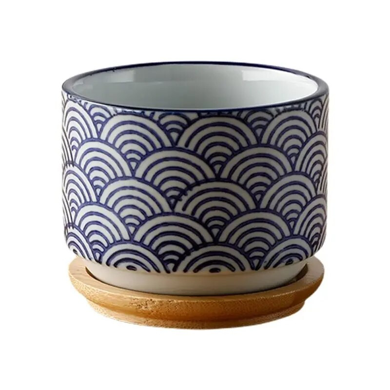 Virágcserép bambusz tálcával Japán stílusú kerámia tétel Mini Cement zamatos cserép Bonsai Ültető Kerti dekor Irodai Házi növény