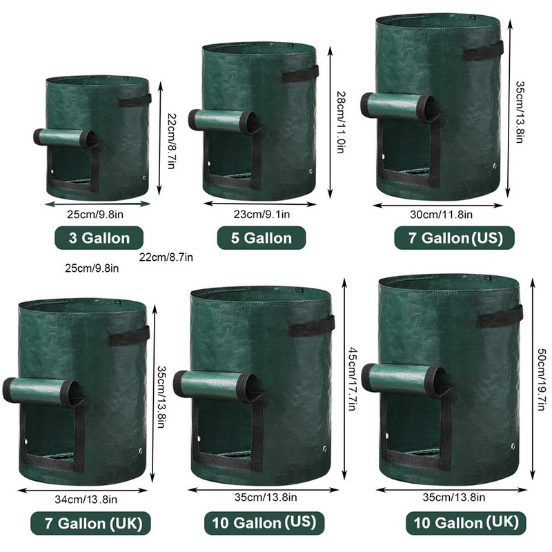 3/5/7/10 Gallon növénytermesztő zsákok PE Zöldségtermesztő zsákok fogantyúval, megvastagított termesztőtasak Burgonya hagymazsák kültéri kerti edények