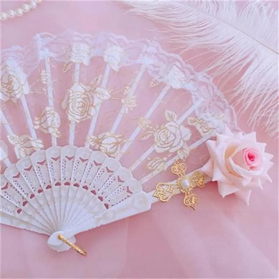 Lolita Gothic Fan Βικτωριανή Γυναικεία Βεντάλια Χεριών Vintage Μαύρο Λευκό Κόκκινο Τριαντάφυλλο Μπαμπού Ανεμιστήρες Cosplay Halloween Party Supplies