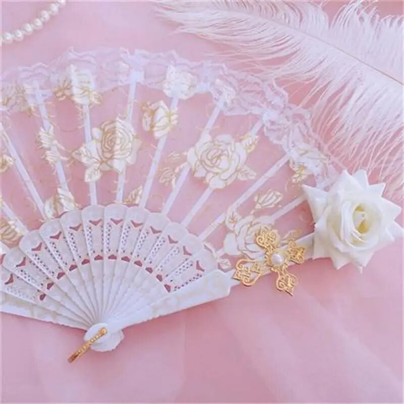 Lolita Gothic Fan viktoriánus női csipke kézi ventilátor Vintage fekete fehér vörös rózsa bambusz legyezők Cosplay Halloween party kellékek