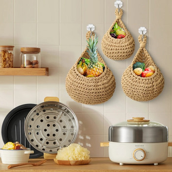 Ръчно тъкана висяща стена Зеленчукова кошница с плодове Органайзер Контейнер Декор за Кухня Градина Монтиране на стена Растение Цвете Лук Съхранение