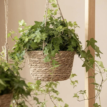 Градинска висяща кашпа Саксия за растения Ръчно изработена плетена кошница за цветя Здрава носеща вътрешна външна кашпа за домашен декор