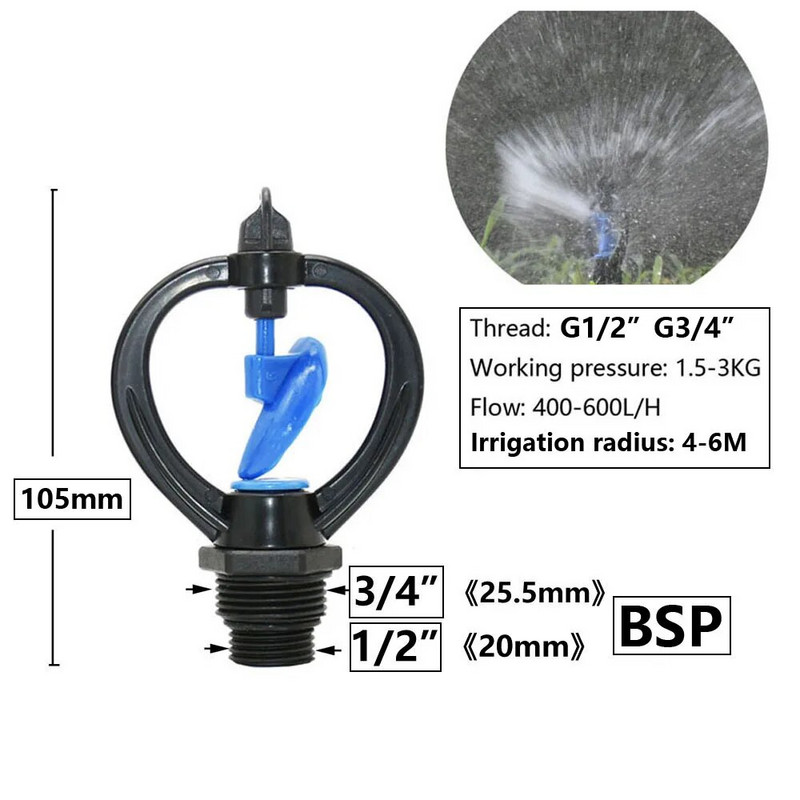Kerti pázsit forgó locsoló 1/2" 3/4" szálszóró fúvóka 360 fokos automatikus forgó öntöző öntözés
