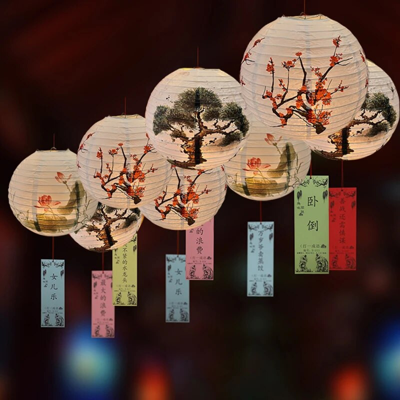 Fenyő/lótusz/szilvavirág kerek papír lámpás lámpaernyő japán kínai keleti stílusú könnyű étterem esküvői lakberendezési ajándékok
