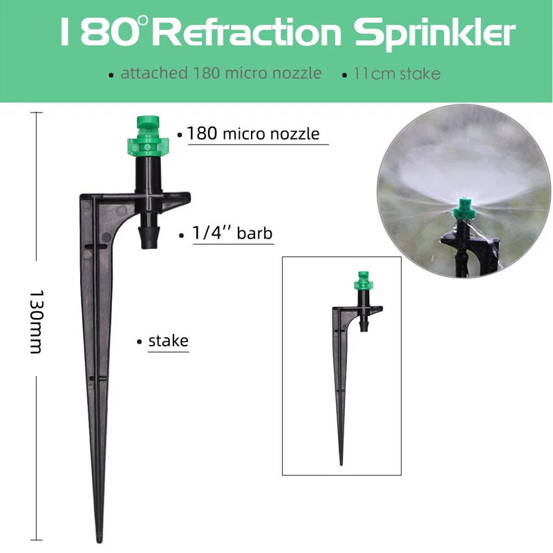 RBCFHI 90/180/360 fokos mikroködösítő fúvóka 11 cm-es karón, 1/4 hüvelykes barb csatlakozó Kerti üvegházhatású öntözés öntözőfúvókák
