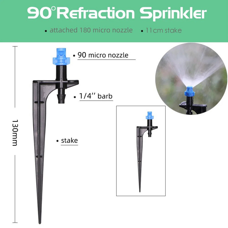RBCFHI 90/180/360 fokos mikroködösítő fúvóka 11 cm-es karón, 1/4 hüvelykes barb csatlakozó Kerti üvegházhatású öntözés öntözőfúvókák