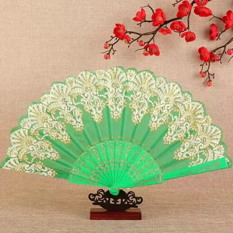 Művészi kézműves ajándék kínai stílusú összecsukható legyező kézi aranypor műanyag legyező tánc esküvői összecsukható ventilátor kézi dekoratív legyezők
