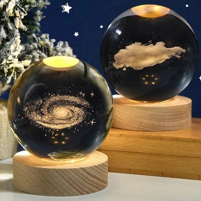 3D Crystal Ball Noćno svjetlo Sunčev sustav Kozmička tema LED ukrasno svjetlo Drvena baza Astronomska noćna svjetla Poklon za rođendan