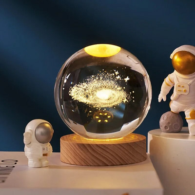 3D Crystal Ball Night Light Solar System Cosmic Theme Διακόσμηση LED Φως Ξύλινη Βάση Astronomy Nightlights Δώρο γενεθλίων