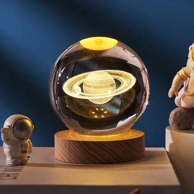 3D Crystal Ball Night Light Solar System Cosmic Theme Διακόσμηση LED Φως Ξύλινη Βάση Astronomy Nightlights Δώρο γενεθλίων
