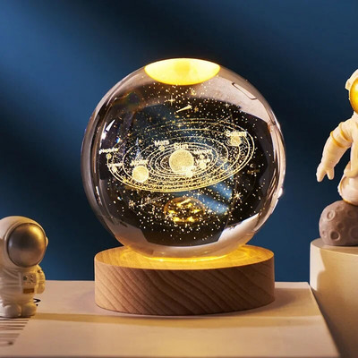 3D Crystal Ball Night Light Solar System Cosmic Theme Διακόσμηση LED Φως Ξύλινη Βάση Astronomy Nightlights Δώρο γενεθλίων