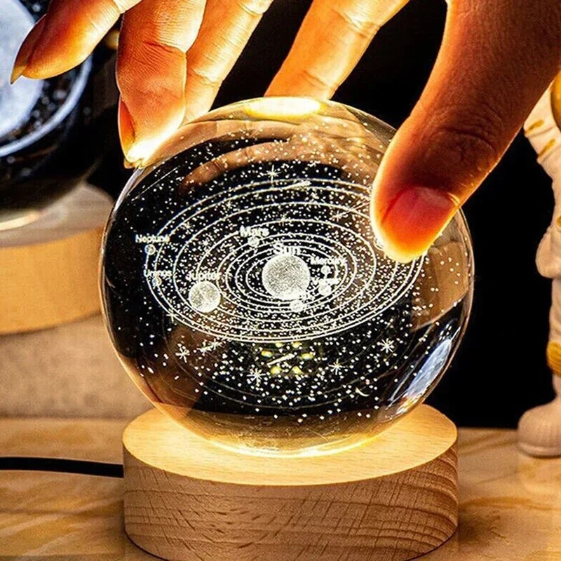 3D Crystal Ball Night Light Solar System Cosmic Theme Διακόσμηση LED Φως Ξύλινη Βάση Astronomy Nightlights Δώρο γενεθλίων