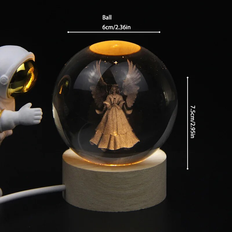 Kreatív angyal Kristálygömb USB lumineszcencia Bola De Cristal tömörfa alap húsvéti ajándék Decoração Para Quarto asztali dekoráció